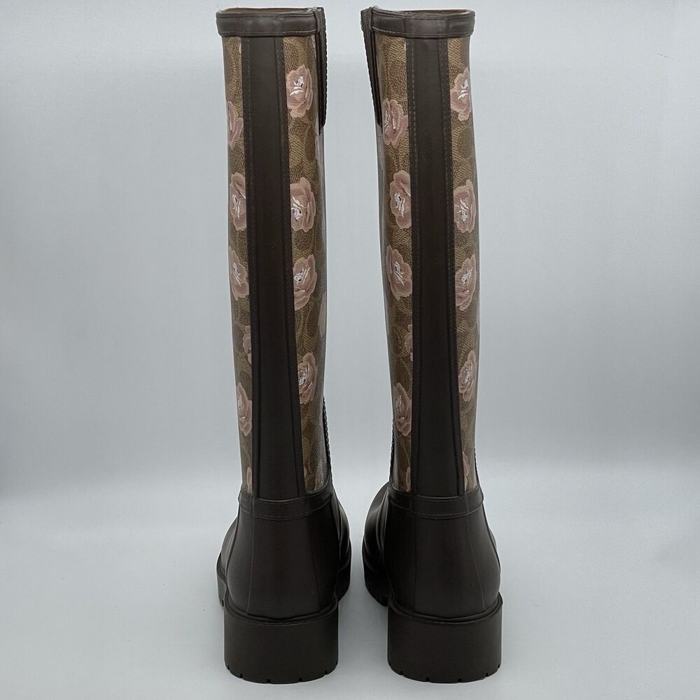 Coach Signature Rubber Rain Boots Tan Women’s 8B Dark Brown Floral Pink Coquette - Picture 9 of 16
